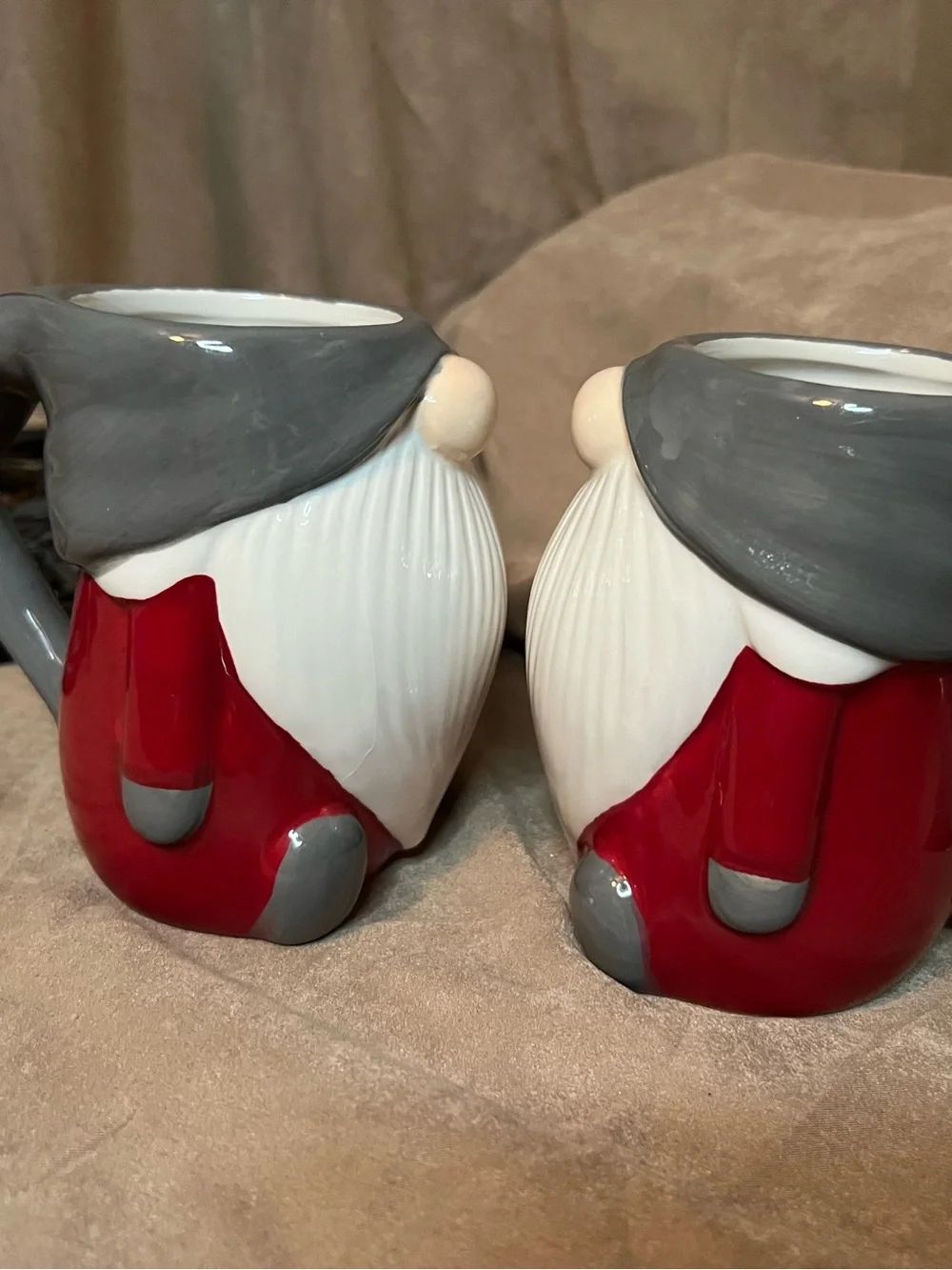 Pottery Barn Pair of Red & Gray Ceramic Gnome Mugs